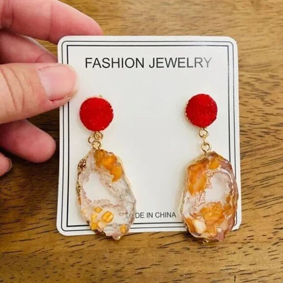 Color Block Orange Geode Inspired Women's Fashion Dangle Earrings - Picture 5 of 9